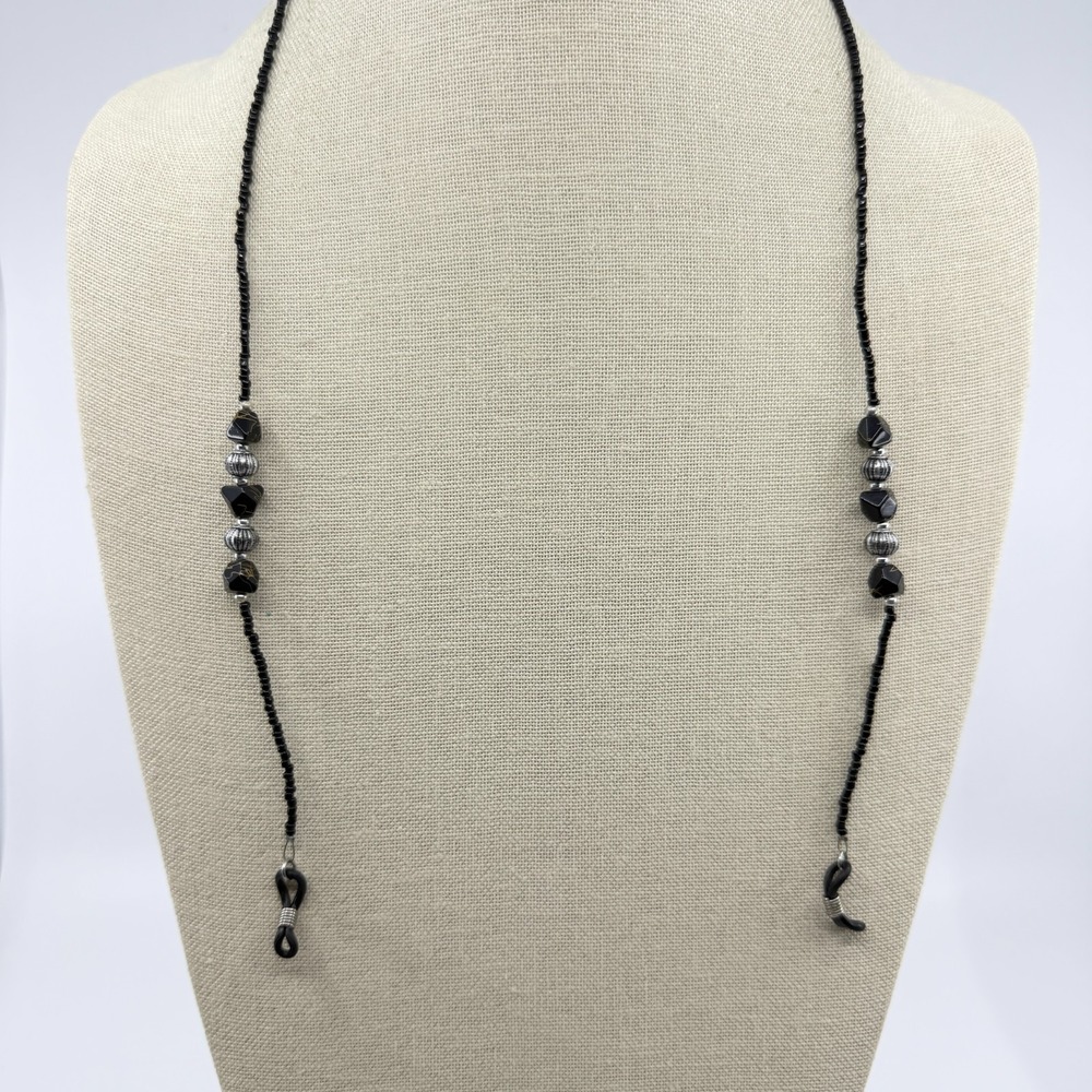 Beaded Eyeglass Chain Holder Black & Silver Tone Boho Festival Statement Gift